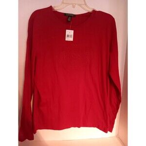 Lauren Ralph Lauren Embellished Shirt Red Logo Sz Large Long Sleeve Beaded NWT